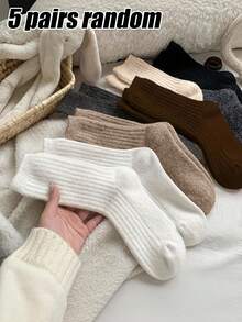 5 Pairs Random Style Women's Winter Solid Color Vertical Striped Socks, Warm Soft Elastic, Simple Casual, Suitable For Home And Outdoor Daily Wear - Multicolor - View 8