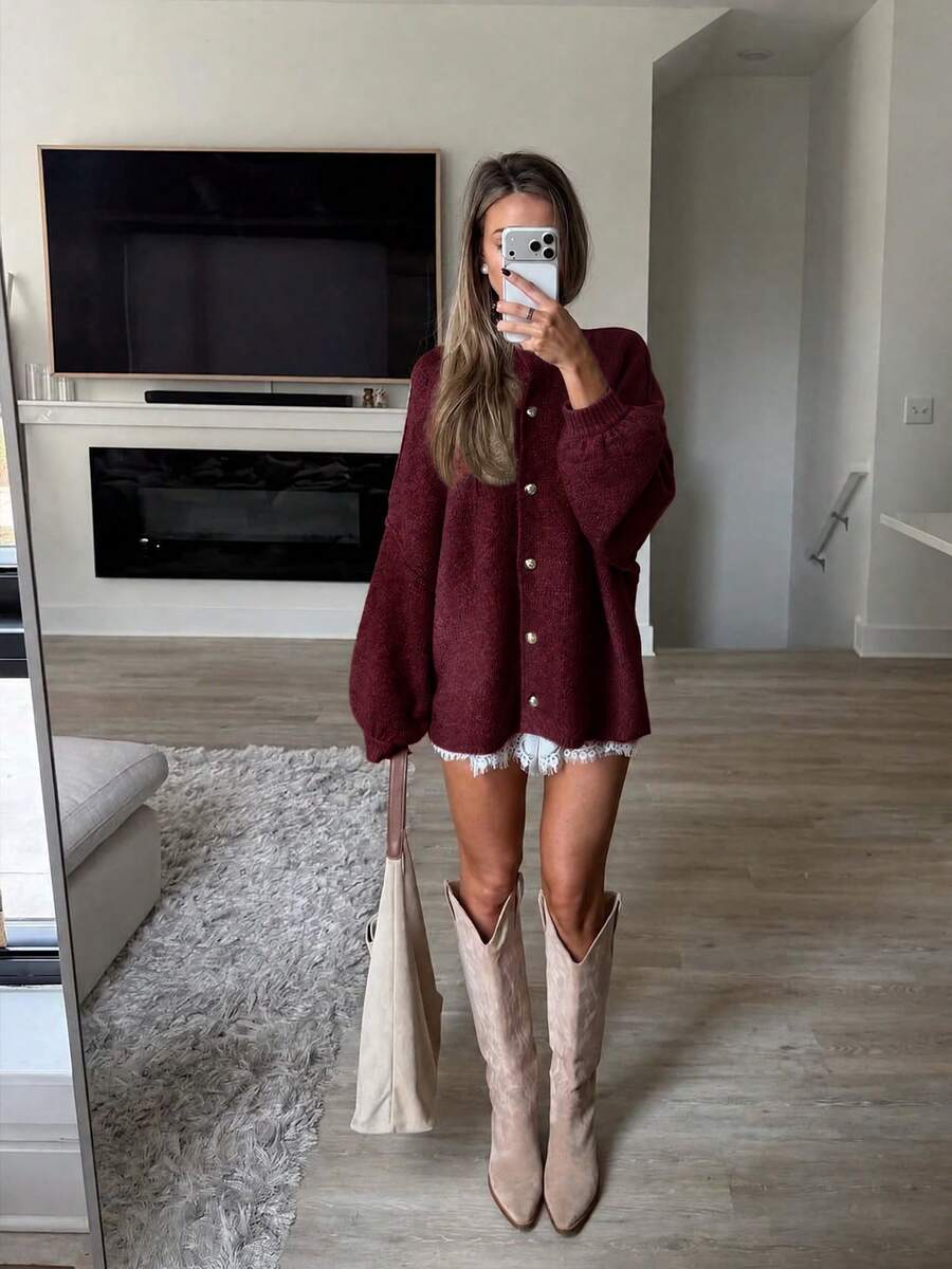 FOR BEAUTY Women's Autumn/Winter Cardigan, Y2K Fashion Red Round Neck Front Button Knit Jacket, Basic Business Casual Commute Outerwear Set - Burgundy - View 1