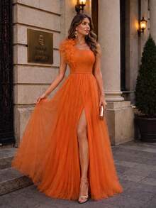 VIPGIRL Elegant One-Shoulder Orange Chiffon Evening Gown, Decorated With Ruffle Trim And High Slit - Formal Ball Gown Suitable For Luxury Occasions - Orange - View 5