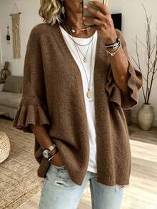 Áo cardigan len dệt kim tay lỡ 3/4 dáng rộng cho nữ, phong cách mùa thu - Cà phê nâu - Xem 1