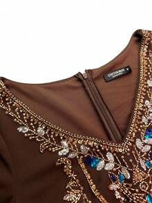 UNITHORSE V-Neck Long Sleeve Sequin Embroidered Knit Dress - Coffee Brown - View 6
