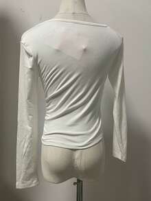 Atasan Crop Top Wanita dengan Bahu Asimetris, Kaos Lengan Panjang yang Melangsingkan, Kasual Musim Gugur Putih Musim Semi - Putih - View 7
