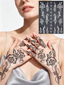 1pc Reusable Swirl Curly Pearl Flower Henna Tattoo Stencil, DIY Mehndi Body Painting Template For Hands, Wrists, Arms, Wedding Festival Temporary Tattoo Sticker - Black - View 2