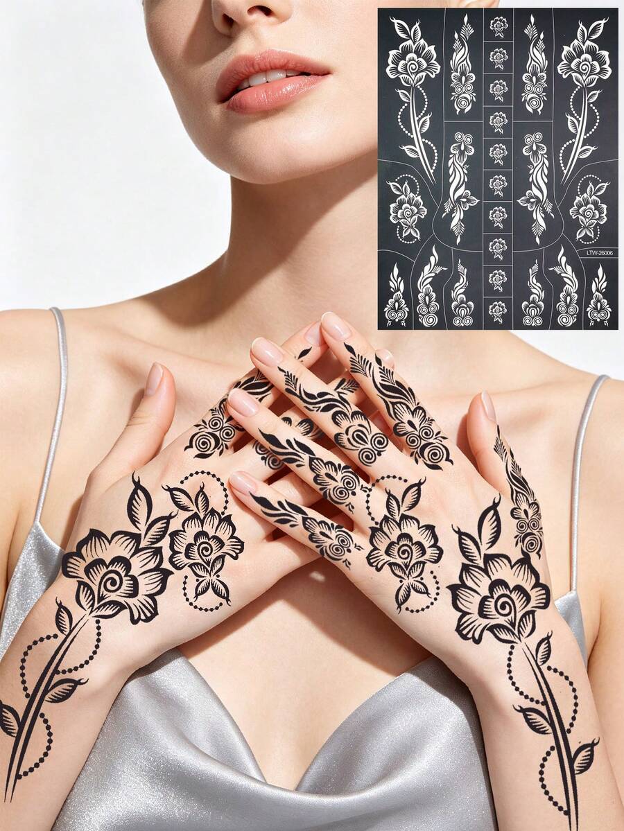 1pc Reusable Swirl Curly Pearl Flower Henna Tattoo Stencil, DIY Mehndi Body Painting Template For Hands, Wrists, Arms, Wedding Festival Temporary Tattoo Sticker