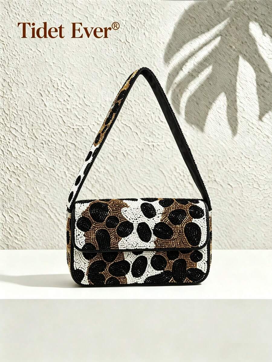 Tidet Ever Women's Leopard Print Beaded Shoulder Bag, Vintage Designer Style Y2K Mini Flap Handbag, Elegant Evening Bag, Suitable For Daily, Party, Holiday, - Brown - View 1