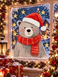 Christmas Window Decor Cute Bear Static Cling Stickers, Knitted Hat And Scarf Design, Reusable Glue-Free Glass Decals, Holiday Display Decoration Gift For Home And Store - A - View 5