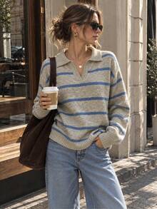Women's Striped Knitted Polo Sweater With Long Drop Shoulder Sleeves, Ideal For Fall Daily Wear - Khaki - View 1