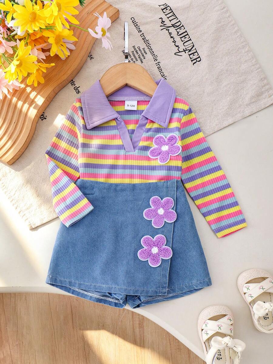 2pcs Baby Girl Cute Dopamine Style Colorful Striped Polo Collar Long Sleeve Top With Floral Applique Denim Skort Set, Spring/Autumn - Purple - View 1
