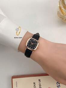 1pc Ladies Watch Square Pointer Quartz Watch Holiday - Black - View 5