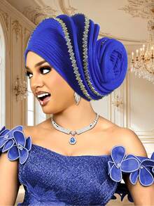 1pc Women Pre-Made Auto Gele Turban Hat, Nigerian Pleated Headtie With Rhinestone Trim, African Flower Bud Head Wrap For Wedding Party Ceremony - A - View 7