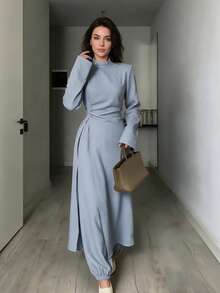 Women's Stand Collar Long Robe With Side Slit, Long Sleeve Blouse And Lantern Pants 2 Pieces Set, Vintage Fall Fashion - Grey - View 3
