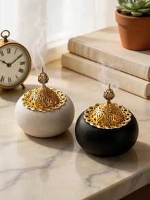 1pc Round Metal & Ceramic Handheld Incense Burner, 2 Colors White & Black, Minimal Natural Luxury Style, Aromatherapy Decor. Perfect For Home, Office, Hotel, Halloween, Christmas & Ramadan Decor. - Incense Burner - View 6