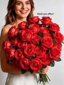 40pcs Artificial Rose Bouquet, Silk Faux Flowers, Realistic Long Stem Rose Bouquet, Suitable For Wedding Decor, Bridal Shower Centerpiece, Floral Arrangement, Party Home Dining Table Decor, Birthday Decor, Wedding Decor, Christmas Decor, Valentine's Day, Christmas, Thanksgiving Decor, Birthday Gift, Anniversary Decor. - Red - View 5
