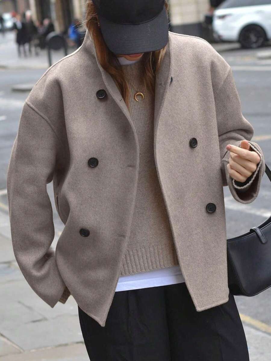 2026 Autumn/Winter Fashion Casual Commute Daily Lazy Overcoat, Versatile Double-Breasted Stand Collar Winter Jacket - Camel - View 1
