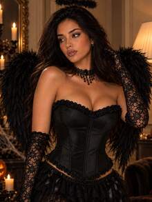 ApperlothPOP Black Elegant Fitted Corset Top With Boning, Eyelet Detailing, Ruffle Trim, Strapless Top For Date Night, Christmas And New Year Party - Black - View 6