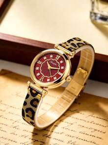 1pc Vintage Round Quartz Watch For Women, Featuring A Golden Alloy Case, A Burgundy Floral Pattern Dial, And An Elegant Leopard-Print Metal Mesh Strap - Red - View 1