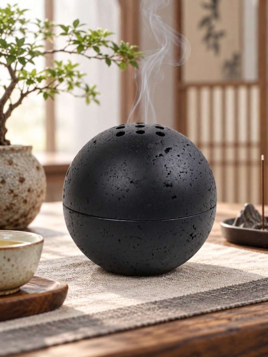1件侘寂風石紋球形香爐,可拆卸可堆疊碗狀設計,適用於桌面香氛與煙霧裝飾擺飾 - 黑色石球 - 查看 1