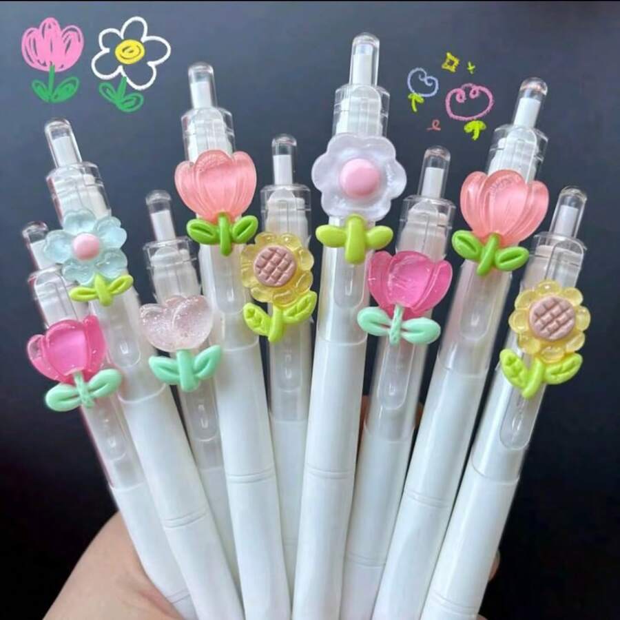 5/10pcs Tulip Ballpoint Pens, Retractable Pens, 0.5mm Tip, Black Ink Neutral Pens, Quick-Drying, Smooth Writing, Portable, High-Quality Transparent Pens, Suitable For Students To Practice Questions, Take Notes, Office Writing, Back To School Ballpoint Pens - Multi-color - View 1