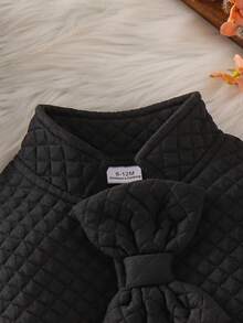 2pcs Baby Girl Simple Elegant Diamond Quilted Stand Collar Bow Cardigan Dress With Matching Beret Hat Set, Autumn/Winter - Black - View 3