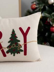 1件米色 MERRY 刺繡聖誕枕套,聖誕樹枕套,適合室內裝飾,聖誕裝飾,四季通用枕套,不含枕芯 - 米色 - 查看 5