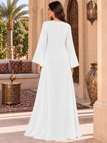 Women's Elegant Loose V-Neck Long Sleeve Beaded Ribbon Dress - White - View 3