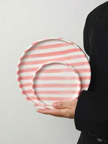 1 Set Striped Ceramic Plates, European Style 6" + 8" Combination Ceramic Serving Plates, Tableware Plates, Dessert Cake Trays, Fruit Plates, Casual Snack Trays, Coffee Cup Trays, Nut Plates, Suitable For Home, Party, Gift - Multicolor - View 2