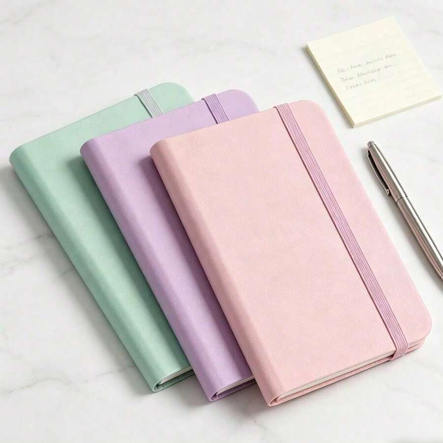 1pc Solid Color A7 Pocket Notebook, Soft Touch Faux Leather, Minimalist Style, With Elastic Band, Lined Paper, Suitable For Work And School, Daily Use Stationery - A - View 1