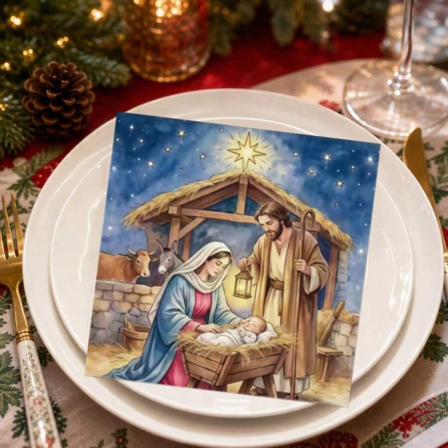 20pcs Christmas Nativity Party Napkins, Featuring Jesus Born In The Manger Under The Starry Night Sky, This Timeless Design Brings Peace, Blessing And Unity, Suitable For Christmas Parties, Holiday Celebrations, Christmas Table Decor - Christmas - View 1