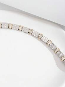 1pc Luxury Elegant Sparkling Cubic Zirconia Inlaid Dual-Color Rectangular Design Bracelet Suitable For Women's Wedding And Banquet Wear, Gift Box Not Included - Multicolor - View 4