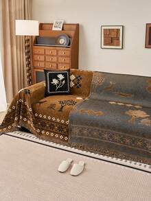 1pc Bohemian Rhombus Geometric Pattern Chenille Sofa Throw, All-Season Tassel Sofa Cover, Machine Washable Furniture Protector, Living Room Bedroom Sofa Decor, Home Decor - Khaki - View 7