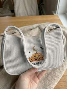 1pc Halloween Jack-O'-Lantern Print Corduroy Shoulder Bag,Underarm Bag, Large Capacity Storage, Zip Closure Y2K Baguette Handbag For Daily Travel Gift - Multicolor - View 5