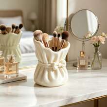 Cream White Pleated Drawstring Makeup Brush Storage Canister, Cosmetic Brush Holder, Vanity Desktop Organizer, French Gentle Sweet Style, Gift For Sister, Girlfriend, Valentine's Day, Home Decor, Desktop Aesthetic Storage Organizer, Recommended Hot-Selling Exquisite Practical Model - View 6
