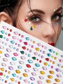 451pcs Rainbow 3D Glitter Gem Stickers, 2pcs Acrylic Glitter Heart Stickers, Self-Adhesive Rhinestone Teardrop Design, Suitable For Makeup And Clothing, Multicolor Diamond Face Gems, Perfect For Festivals, Parties And Events - Multicolor - View 2