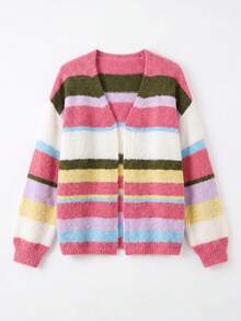 Just Masa Women's Fall Casual Multi-Striped Colorblock Sweater Cardigan,Long Sleeve V Neck Loose Rib-Knit Coat,For Daily Wear,Going Out,Halloween - Colorful Stripes - View 3