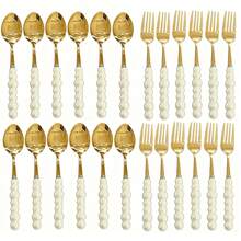 2/4/12/24pcs Set Exquisite Pearl-Shaped Stainless Steel Silverware Set, Includes Ceramic Handle Dinner Knife, Dessert Spoon, Fork And Soup Spoon - Unique Elegant Kitchen Tools And Accessories, Suitable For Restaurant And Home Daily Dining - Gold - View 30
