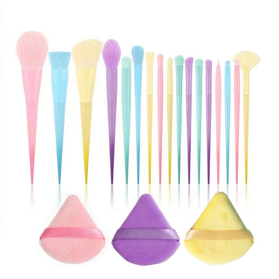 YUEOOIU 20-Piece Makeup Brush Set For Makeup Artists, Including 17 High-Fiber Macarons, 1 Pink Powder Puff, 1 Yellow Powder Puff, 1 Green Powder Puff. Ideal Gift For Girls On Special Occasions. - Multicolor - View 1
