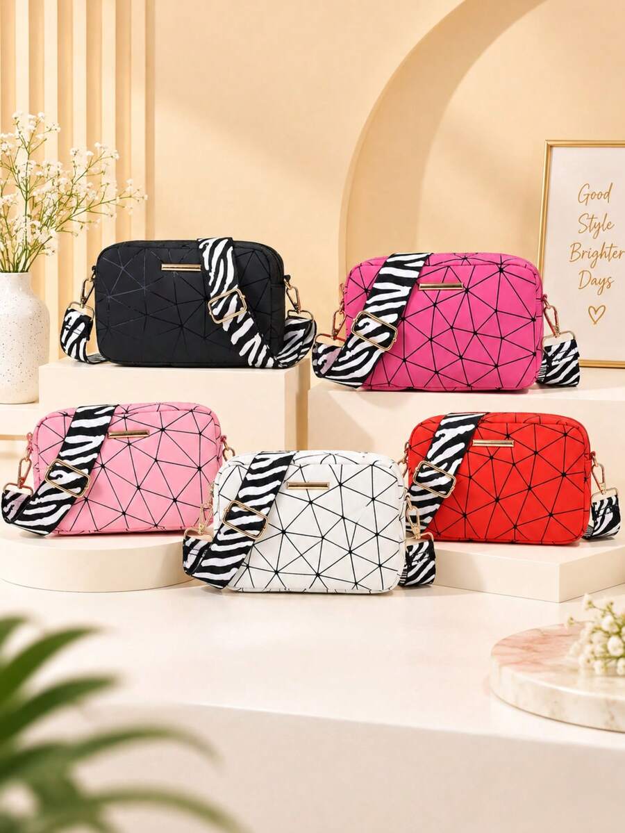 1pc Women's Geometric Rhombus Print Camera Bag, Zebra Stripe Wide Strap Crossbody Small Bag, Casual Versatile Lightweight Shoulder Bag - M1705 - View 1
