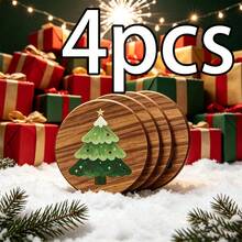 4pcs Set Hand-Painted Christmas Tree Round Wooden Coasters, Winter Coffee Tea Cup Desktop Decor, Exquisite Housewarming And Christmas Gift, Suitable For Home Kitchen, Dining Table And Bar Counter Multi-Scene Decoration - Multicolor - View 9