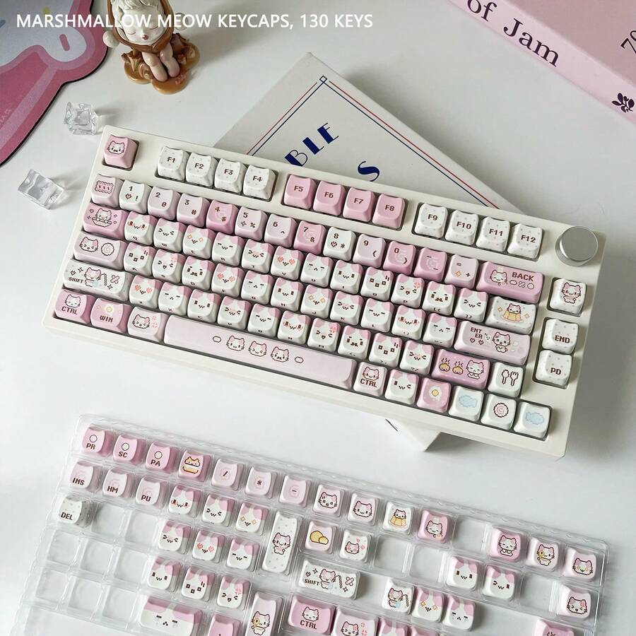 Tutup Tombol Sublimasi Pewarna Lima Sisi PBT Cetak Samping Tinggi MOA Lucu DIY untuk Keyboard Mekanik dengan Gambar Kepala Kucing Meow Permen Kapas - View 1