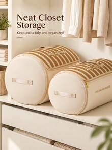 Minimalist, Cylindrical, Compressible Storage Bag Featuring A Striped Print, A Carrying Handle, And A Dual-Zipper Closure. Portable And Space-Saving, It Is Designed For Storing Bedding And Blankets-Perfect For Year-Round Home Use. - Multicolor - View 11