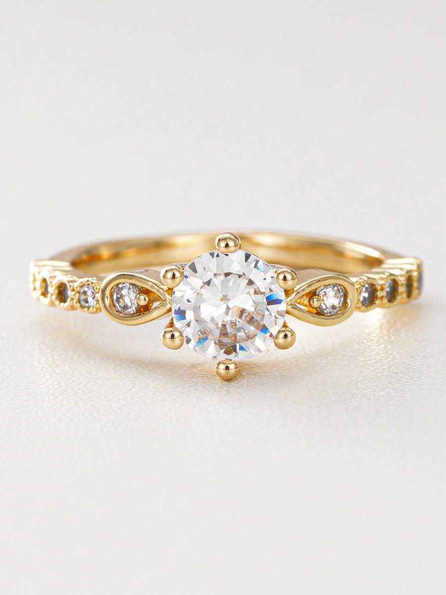 1pc Elegant Cubic Zirconia Ring For Women, Wedding Engagement Party Jewelry, Valentine's Day Gift