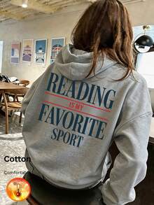 Women's Autumn/Winter Fleece Hooded Sweatshirt, Back Print "READING IS MY FAVORITE SPORT", Y2K Style - Gray - View 2