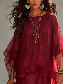 Women Long Dresses - Burgundy - View 2