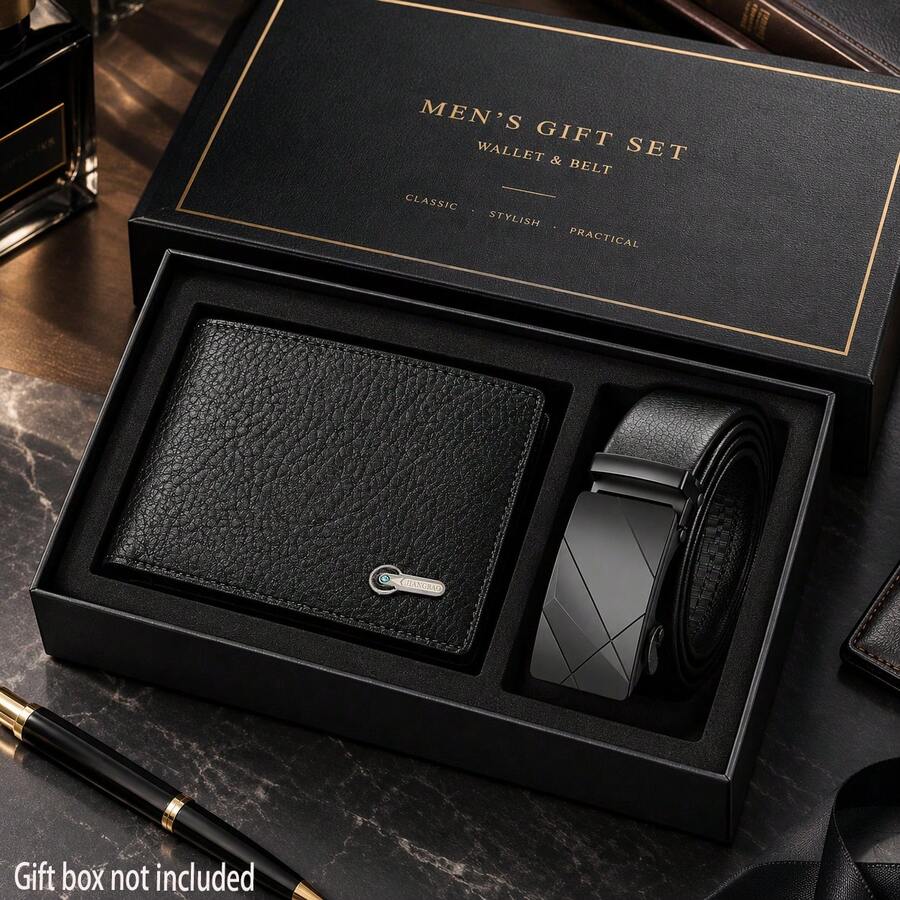 2pcs Men's Black PU Leather Wallet And Belt Set, Textured Bifold Wallet, Automatic Buckle Belt, Business Casual Gift For Him, Fall Everyday Essentials - Black - View 1