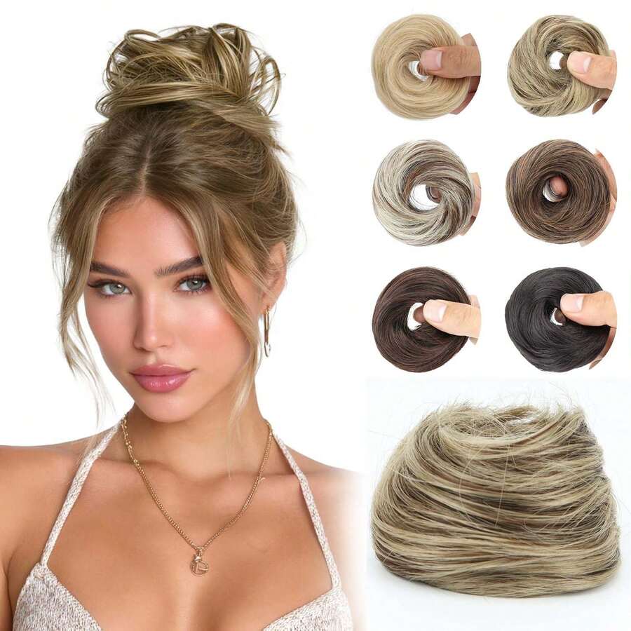 Extensão de Cabelo Mini Fofa com Coque Desarrumado para Cabelos Finos, Acessório de Cabelo Scrunchie com Coque de Cabelo Encaracolado de Fibra Sintética para Mulheres - Multicolorido - Visão 1