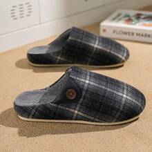 Sandal Rumah Gaya Inggris Musim Dingin Anti Selip Hangat untuk Dalam Ruangan, Lembut dan Nyaman, Motif Kotak-kotak Minimalis dengan Dekorasi Kancing, Lapisan Dalam Mewah, Sol Tipis, Model Slip-On, Sandal Tertutup - Dark Grey - View 1