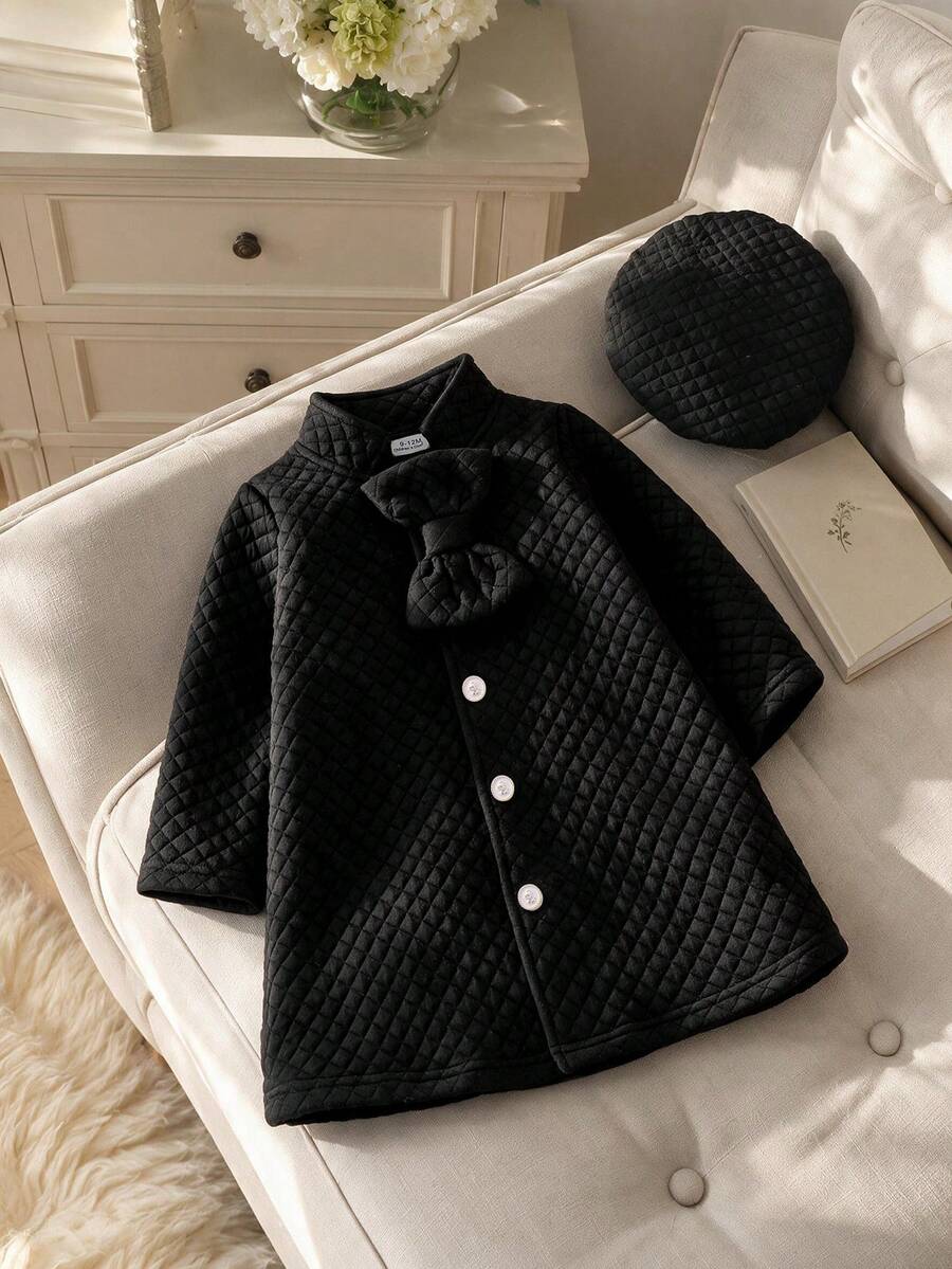 2pcs Baby Girl Simple Elegant Diamond Quilted Stand Collar Bow Cardigan Dress With Matching Beret Hat Set, Autumn/Winter - Black - View 1