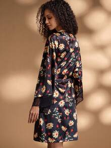 1pc Women's Black Daisy Floral Print Lace Trim V-Neck Loose Satin Robe Loungewear Sleepwear - Black - View 7