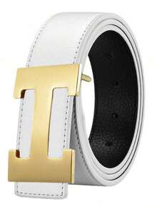 Adjustable Men Formal Belt, Polished Hollow Geometric Metal Buckle, Fine Stitching Grain Strap, Classic Waist Belt For Office & Casual Outfit - Multicolor - View 5