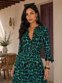Dancing Leopard Green Animal Print Belted Shirt Mini Dress, Office Workwear - Green - View 1